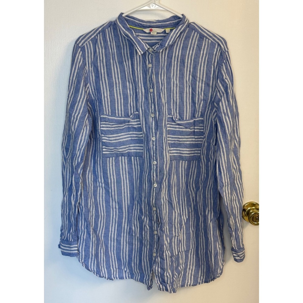 Boden Size UK 20L US‎ 16L Blue Striped 100% Linen LS Button Up Blouse Shirt